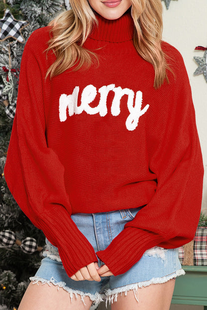 Turtle Neck Batwing Sleeve Merry Christmas Sweater