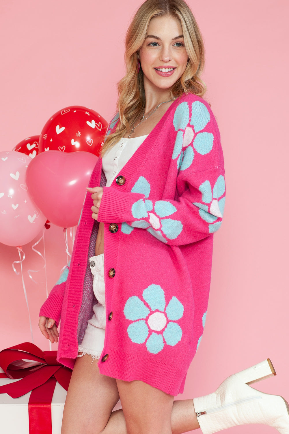 Pink Floral Pattern Drop Shoulder Button Up Cardigan