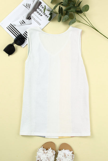 Multicolor Color Block Casual V Neck Waffle Knit Tank Top