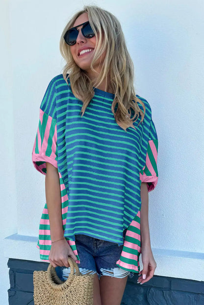 Striped Patchwork Slits Baggy T Shirt