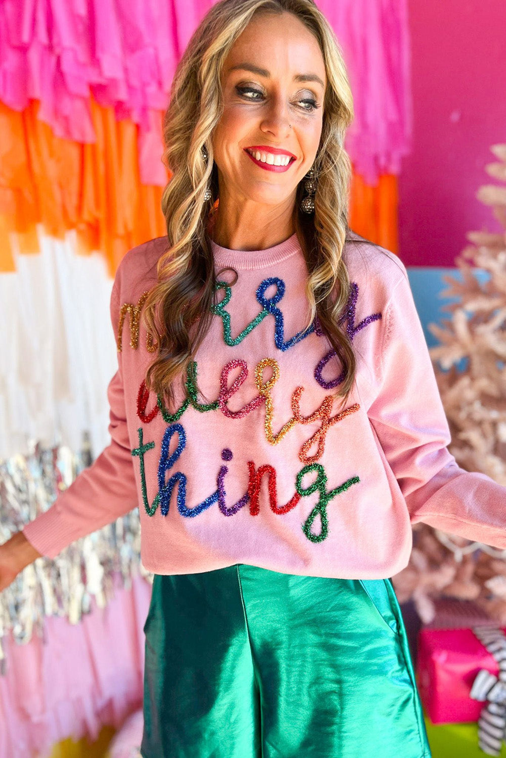 Pink Merry Everything Shiny Letter Pattern Knit Sweater