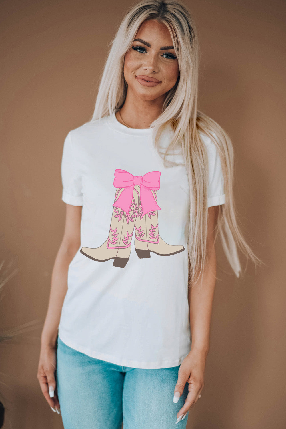 Casual Boots Bow Graphic Round Neck T Shirt