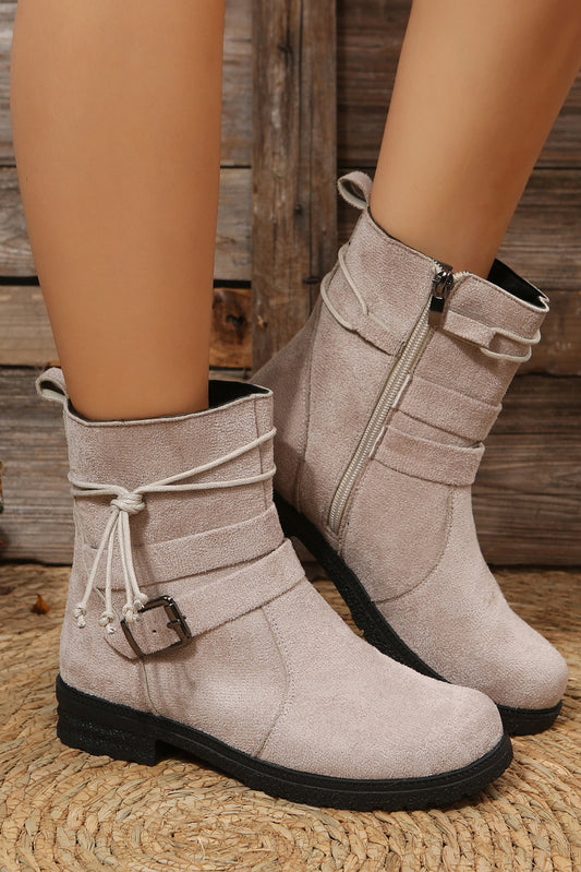 Brown Faux Suede Zip Up Buckle Straps Ankle Boots