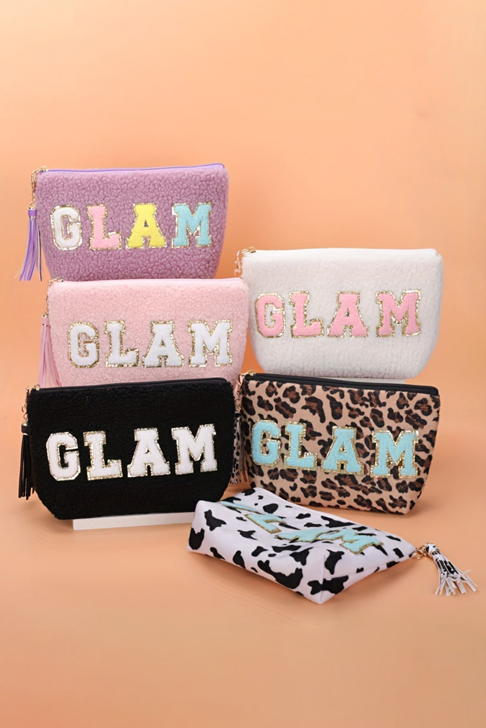 White CALM Letter Pattern Tassel Zipper Makeup Bag