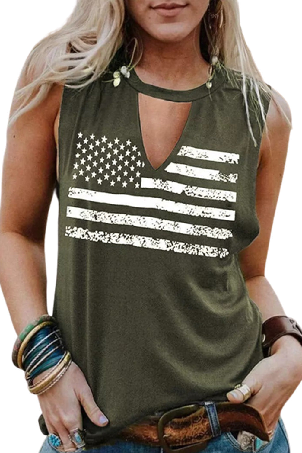 Casual Keyhole Neck Flag Print Tank Top