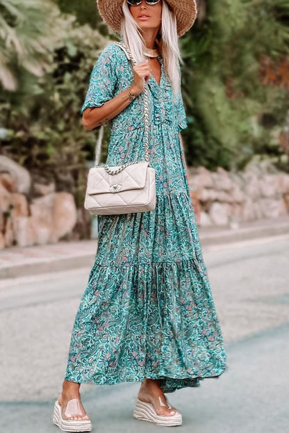 Paisley Print Split V Neck Tiered Boho Maxi Dress