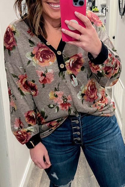 Gray Floral Long Sleeve Plus Size Henley Top