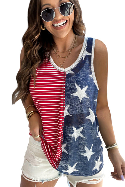 Multicolor Stripes Stars Print Knit Short Sleeve Top