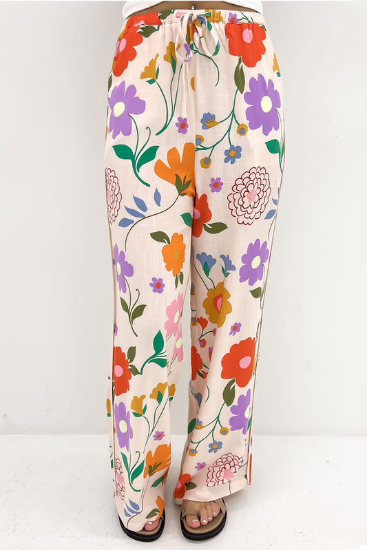 Orange Floral Print Drawstring Loose Pants