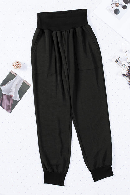 Black Casual Pocketed Tapered Elastic Waist Joggers