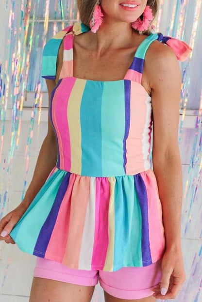 Multicolor Striped Print Bow Knot Straps Sleeveless Maxi Dress