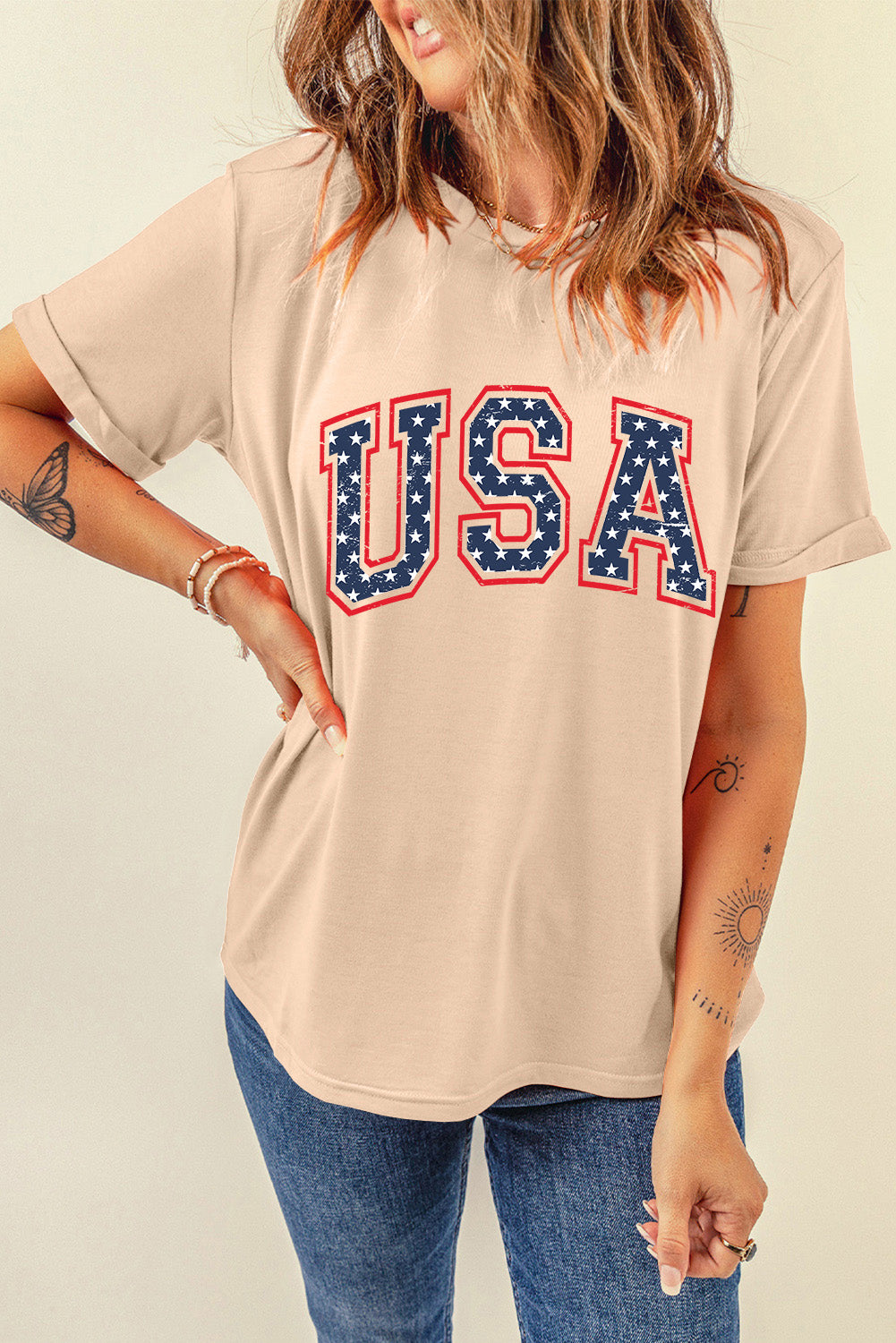 Khaki 4th Of July Starry USA Letter Graphic T Shirt