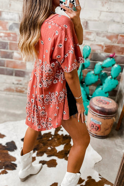 Red Paisley Print Round Neck Split Long T Shirt