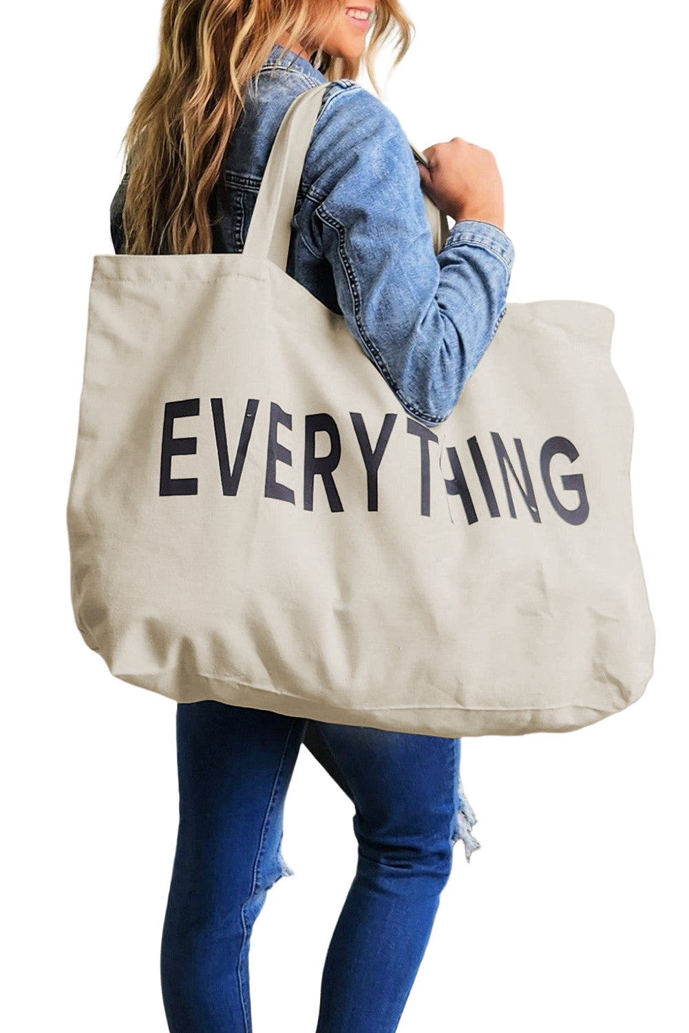 EVERYTHING Letter Print Large Canvas Tote Bag 73x17x44cm