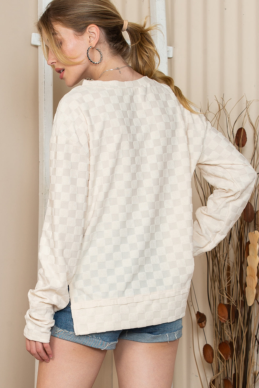 Checkered Furry Thumbhole Long Sleeve Top