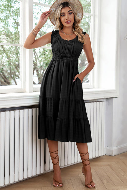 U-Neck Sleeveless Ruched Tiered Ruffled Midi Dress