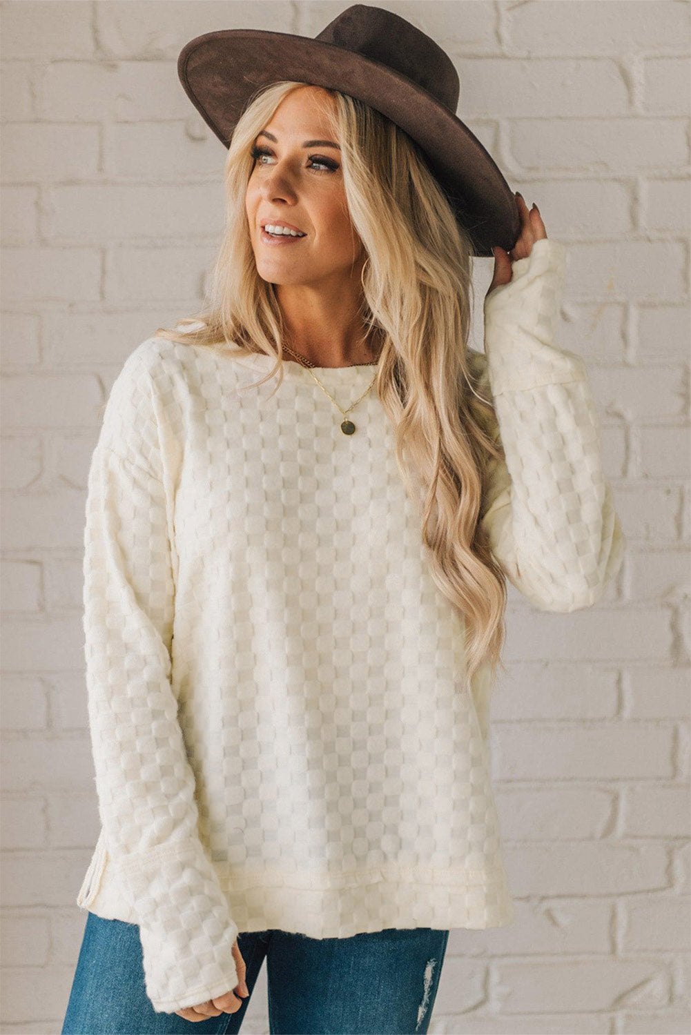 Checkered Furry Thumbhole Long Sleeve Top