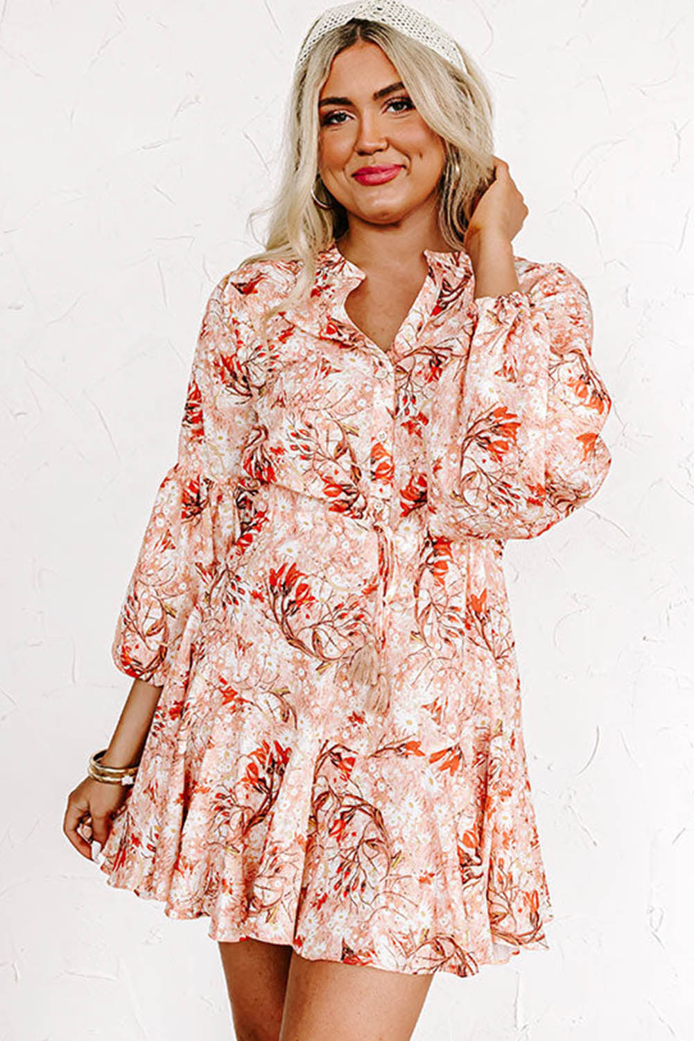 Floral Print Bubble Sleeve Cinched Waist Dress