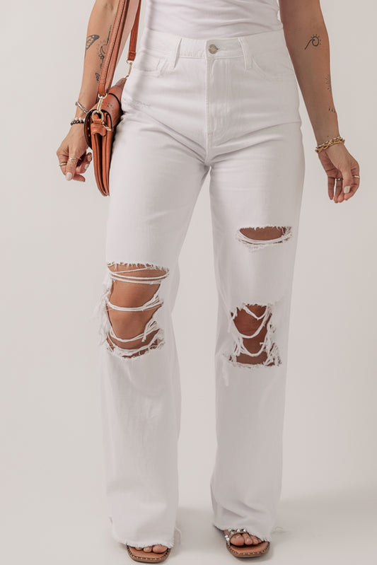 White Heavy Distressed Straight Leg Jeans