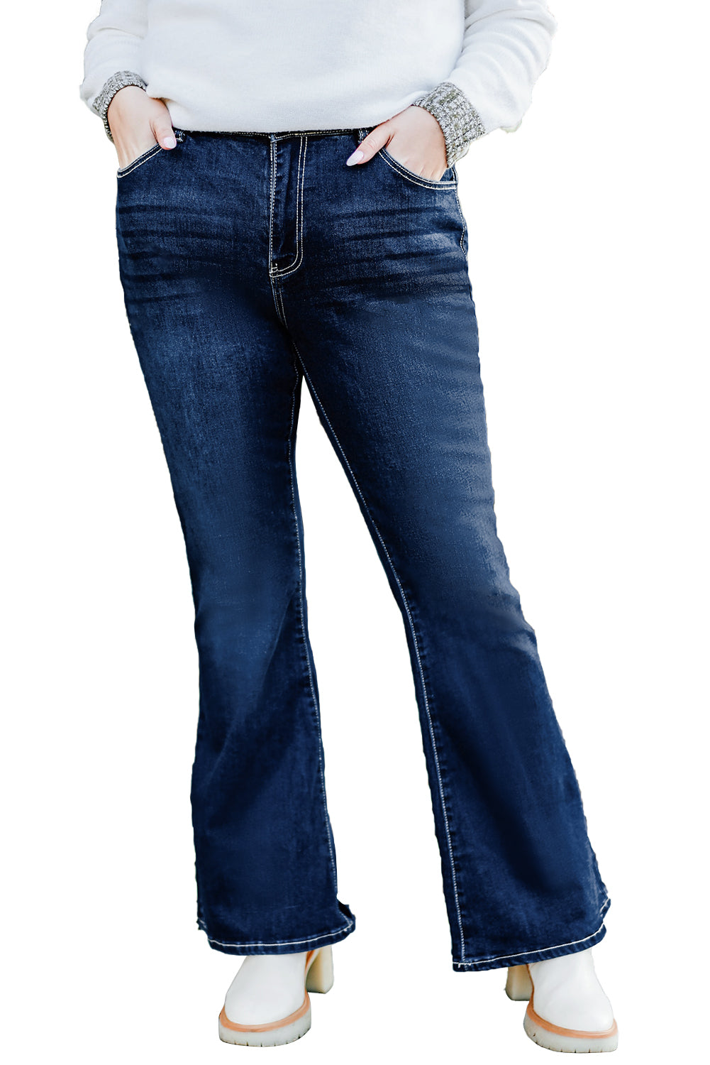 Dark Blue Deep Washed Plus Size Flare Jeans