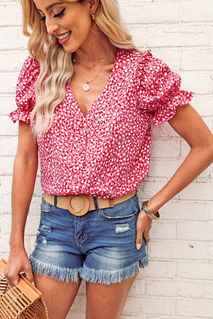 Rosy Leopard Print Oversized Casual Half Sleeve V Neck Top