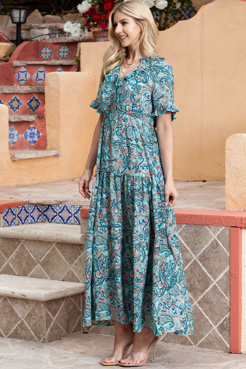 Paisley Print Split V Neck Tiered Boho Maxi Dress