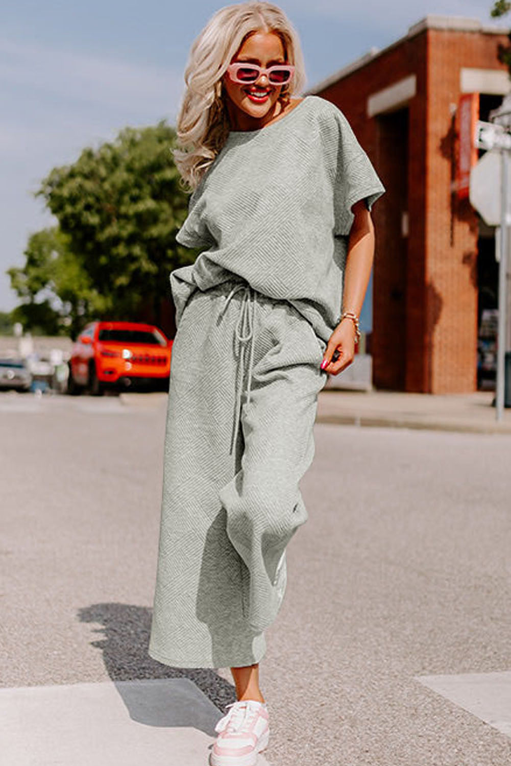 Gray Textured Loose Fit T Shirt & Drawstring Pants Set