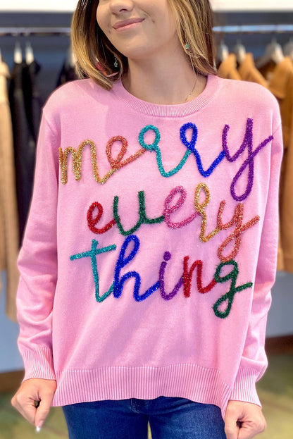 Pink Merry Everything Shiny Letter Pattern Knit Sweater