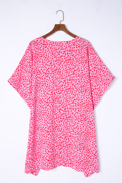 Rosy Leopard Print Oversized Casual Half Sleeve V Neck Top