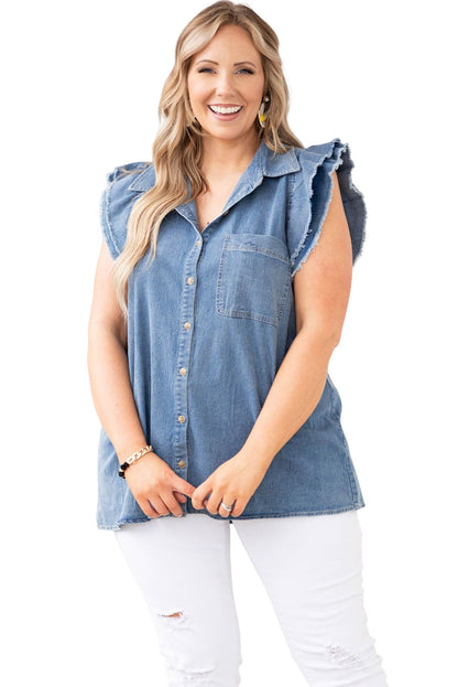 Frayed Ruffle Sleeve Plus Size Denim Shirt