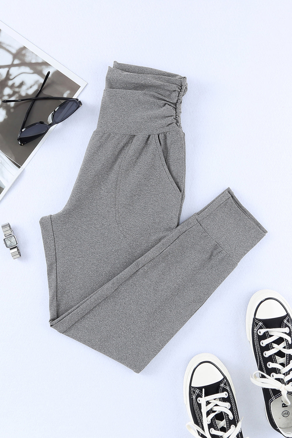 Green High Waist Pleated Casual Pocket Leggings