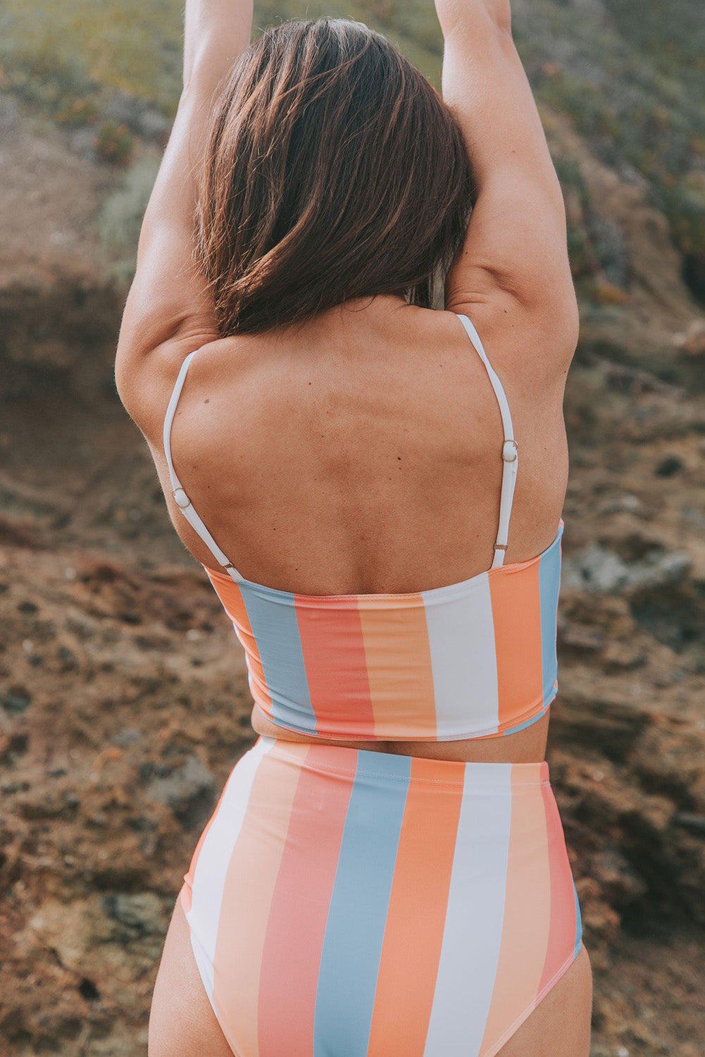 Two Piece Swimsuit Orange Striped Colorblock High Waist