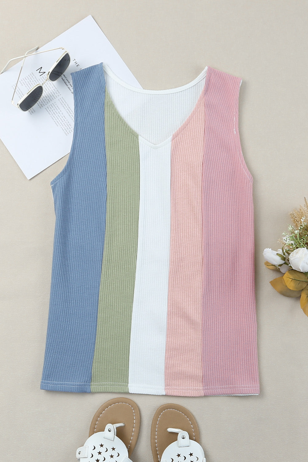 Multicolor Color Block Casual V Neck Waffle Knit Tank Top