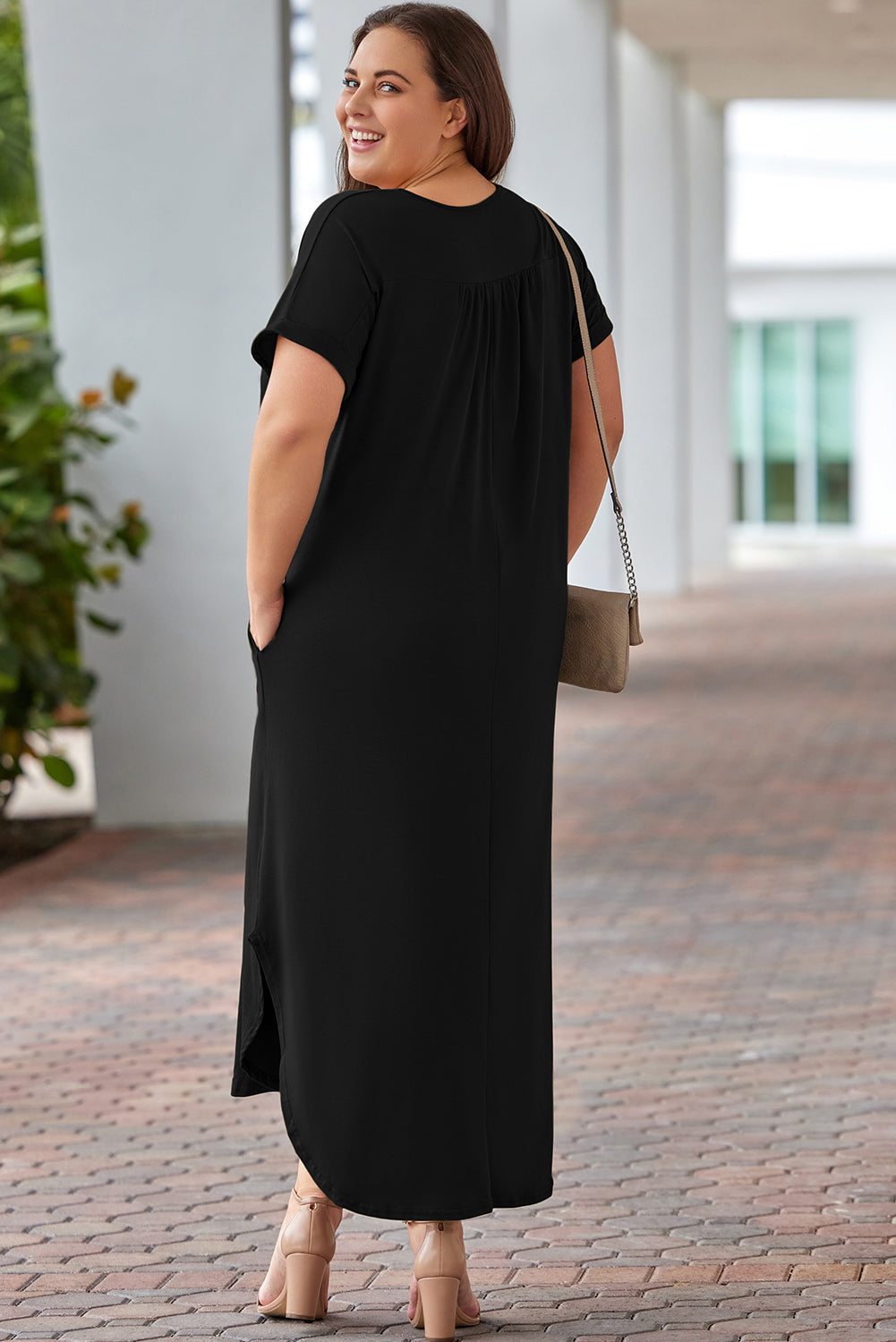 V Neck Rolled Cuffs Plus Size Maxi Dress