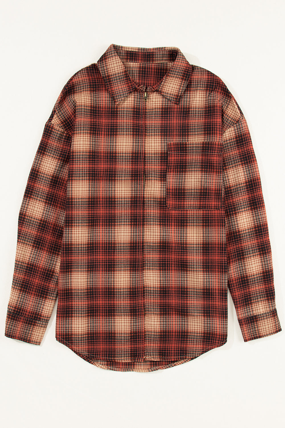 Fiery Red Plaid Print Chest Pocket Zip Up Shirt