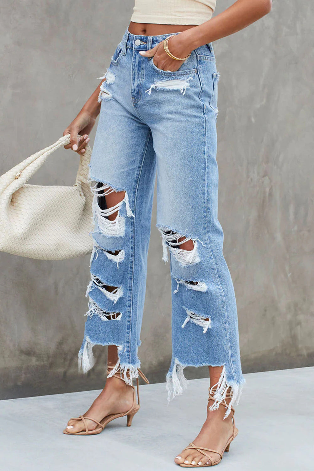 Blue Destroyed Raw Hem Wide Leg Jeans