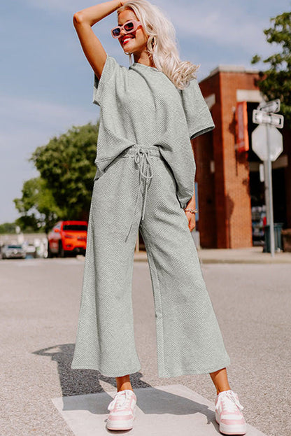 Gray Textured Loose Fit T Shirt & Drawstring Pants Set