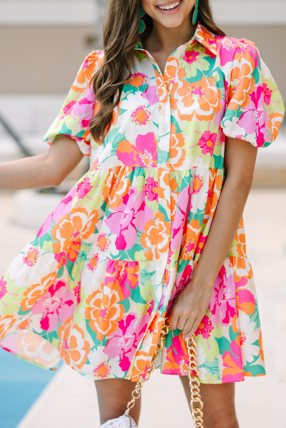 Floral Puff Sleeve Buttoned Babydoll Dress