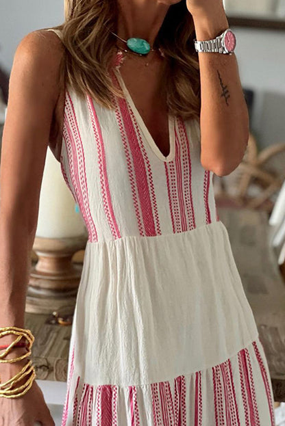 Bright White Striped Colorblock Deep V Maxi Tank Dress