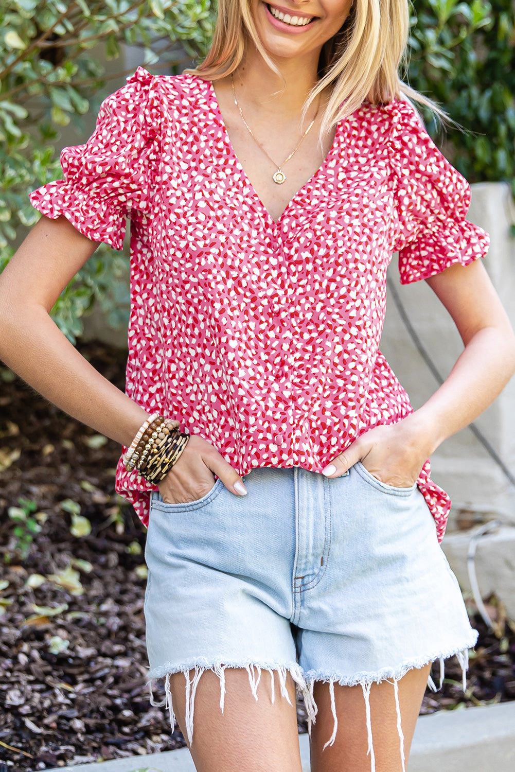 Rosy Leopard Print Oversized Casual Half Sleeve V Neck Top