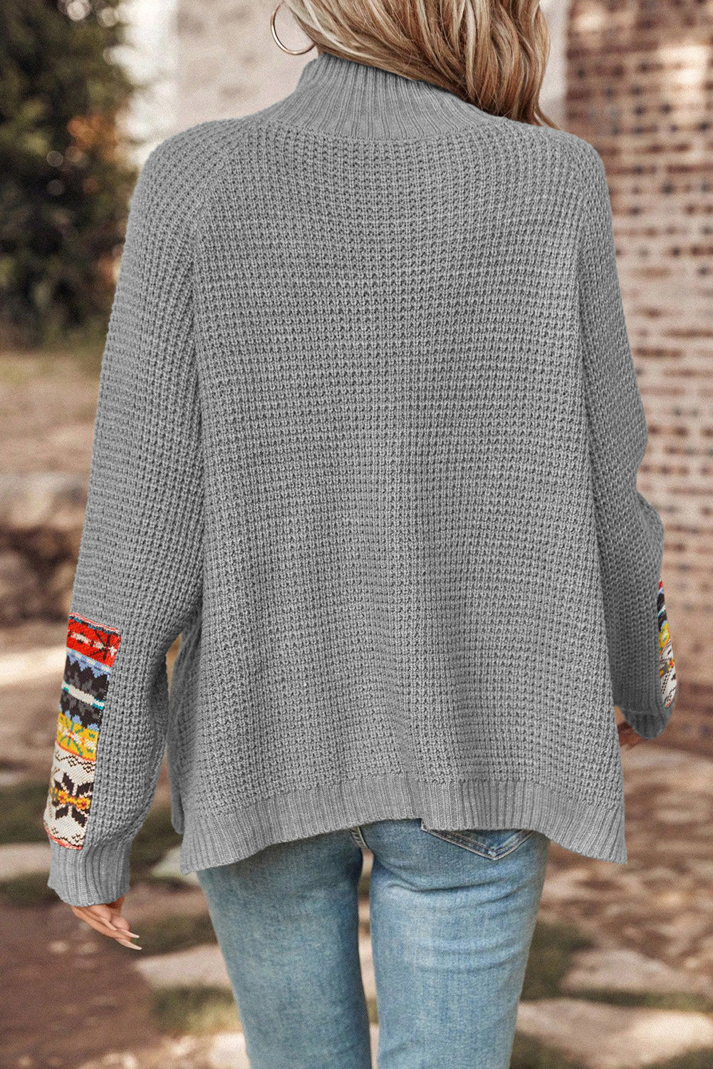 Gray Mock Neck Geometric Patch Batwing Sleeve Sweater