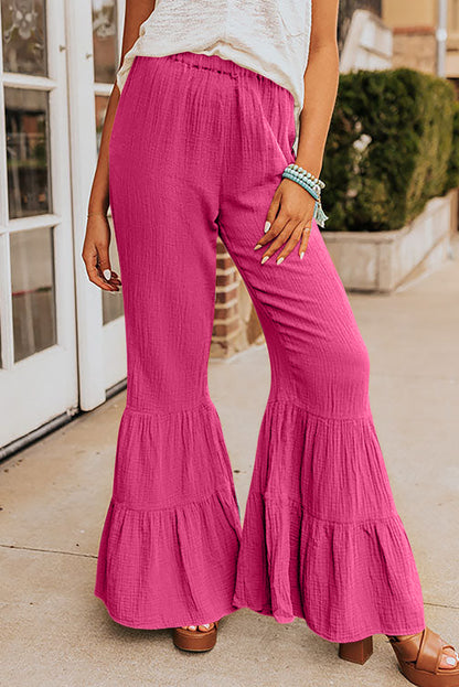 Plain Cotton Tiered Ruffle Flare High Waisted Pants