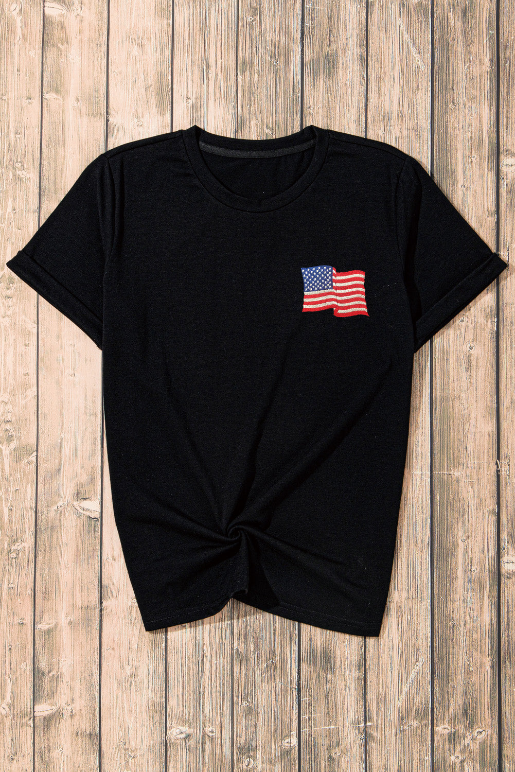 Black American Flag Embroidered Graphic Crew Neck T Shirt