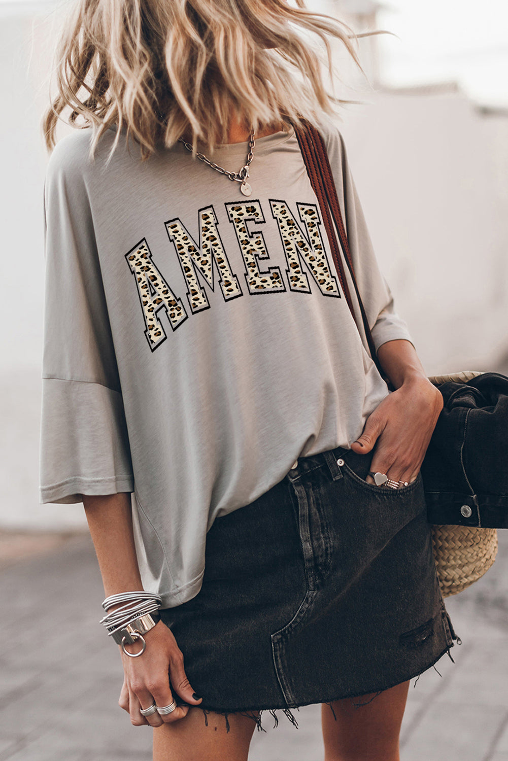 Gray AMEN Leopard Graphic Loose Fit 3/4 Sleeve Tee