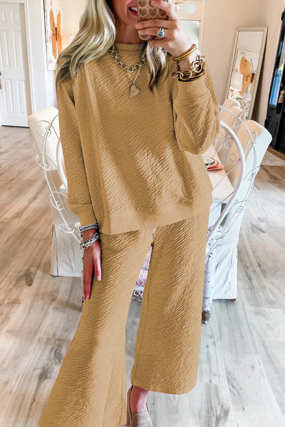 Textured Long Sleeve Top and Pants Set