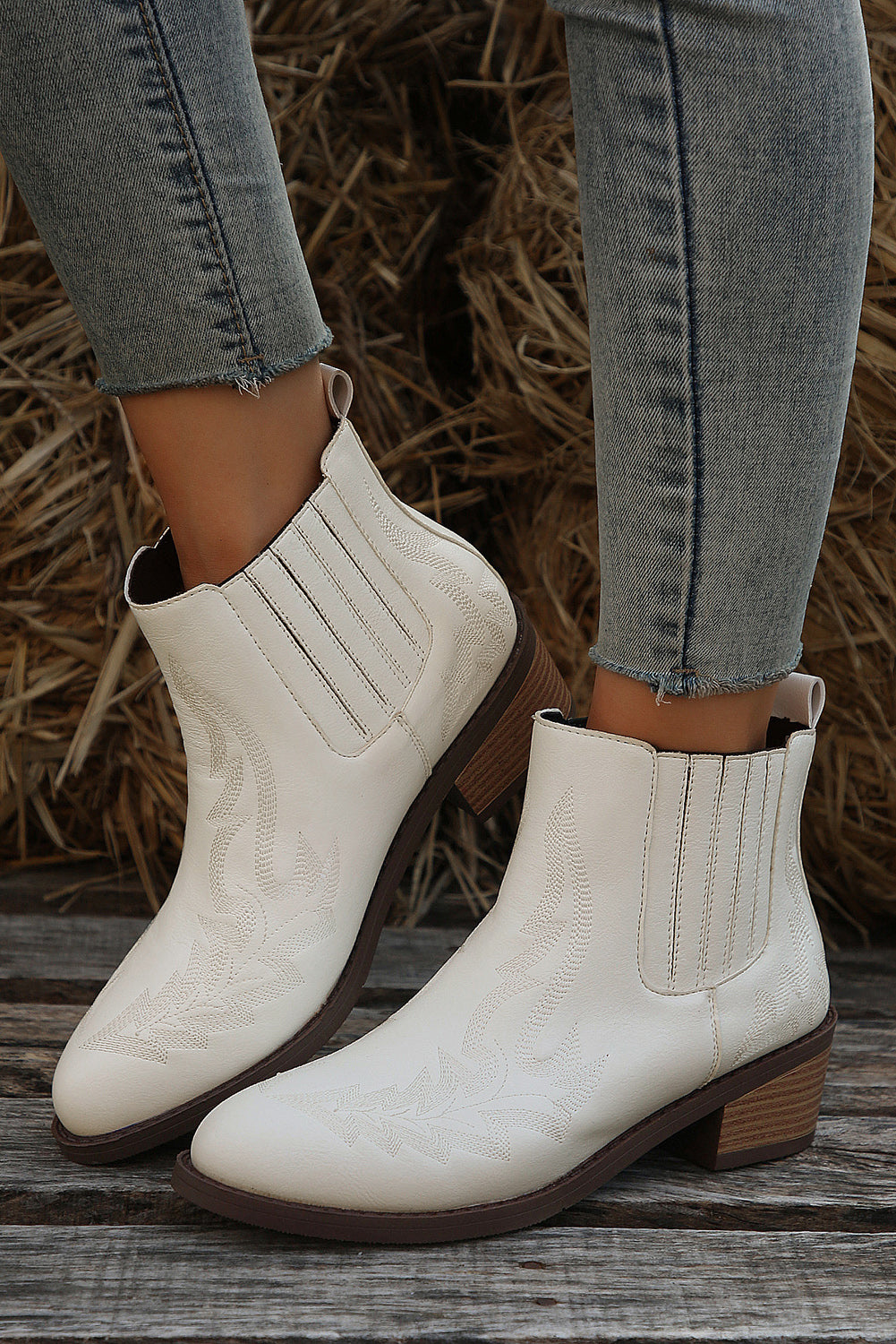 Embroidered Leather Thick Heel Booties