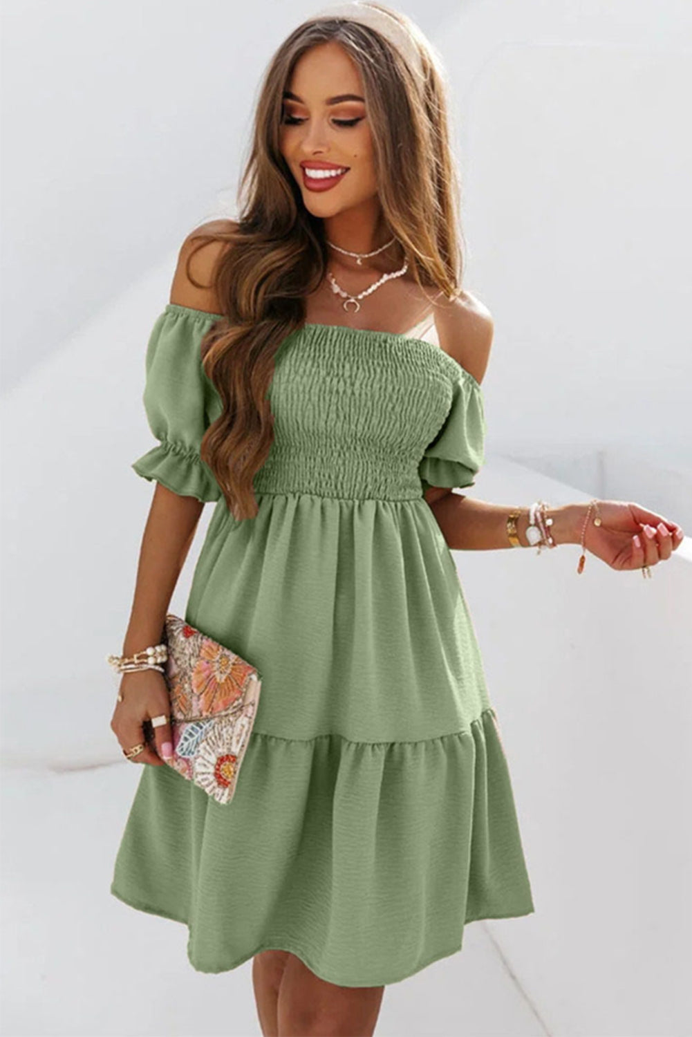 Elegant Off Shoulder Shirred Flared Short Dress