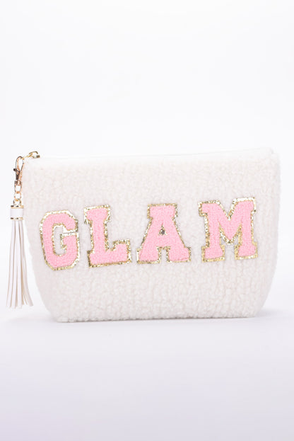 White CALM Letter Pattern Tassel Zipper Makeup Bag