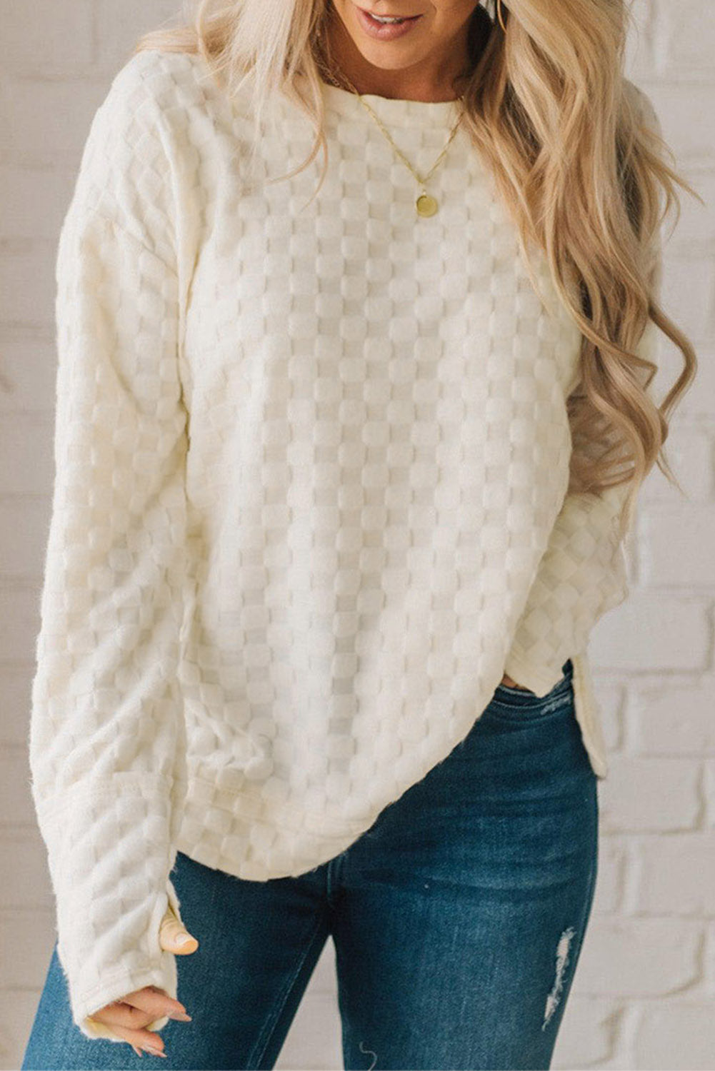 Checkered Furry Thumbhole Long Sleeve Top