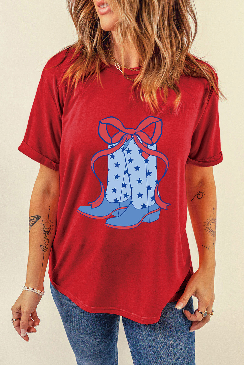 Star Boots Bow Knot Graphic Crew Neck T Shirt